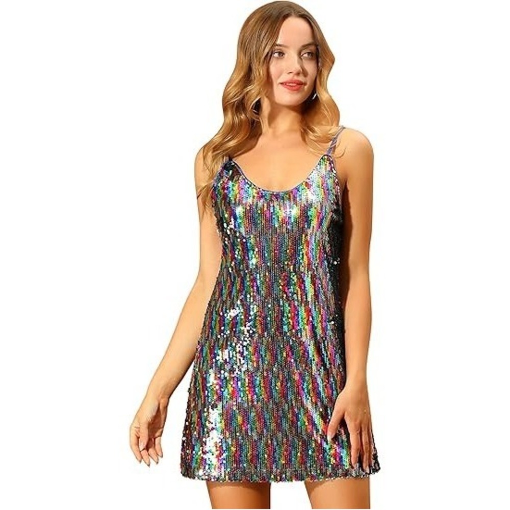 MSRP $49 Allegra K Women's M Glitter Sequin Mini Dress Spaghetti Strap V Neck